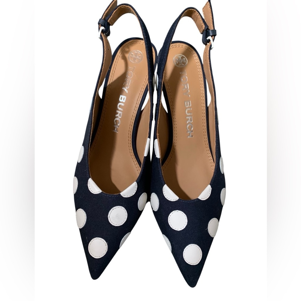 Tory Burch Navy and White Spenser Polka Dot Heels